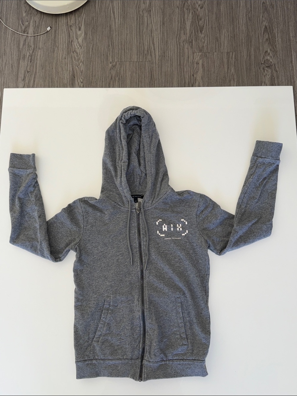 Armani Exchange Youth Gray Zip-Up Hoodie with Pixel Logo Size XS